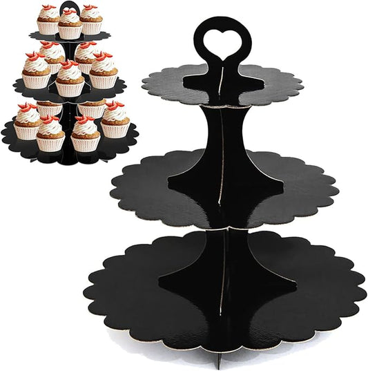 3-Tier Cupcake Stand Tower 2-Pack, Black Cardboard Dessert Display Holder for Weddings Birthdays Baby Showers Graduations, Easy Assembly Heart Handle - Perfect One-Time Events