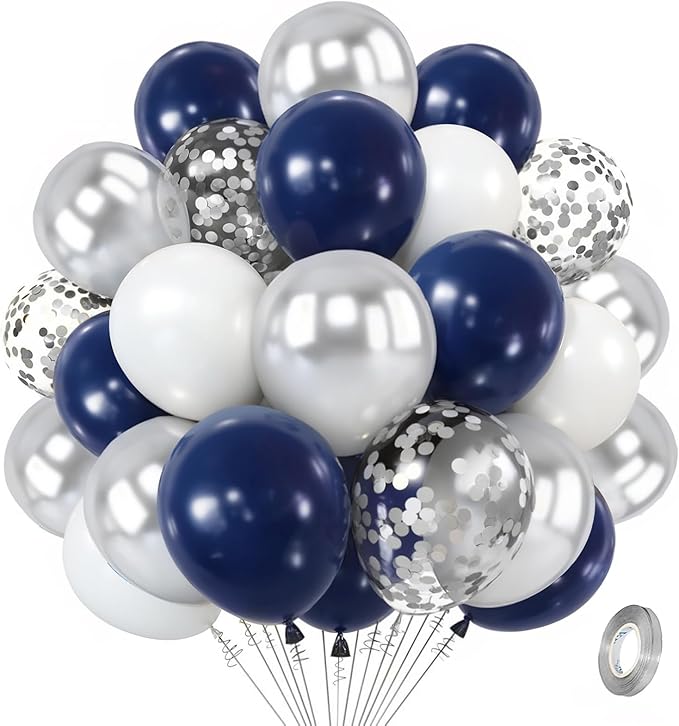 Zesliwy Navy Blue Silver Balloons Kit,50pcs 12inch Royal Dark Blue Metallic Silver White Balloon with Confetti Latex Balloon for Wedding Graduation 2026 Birthday Anniversary Party Decorations