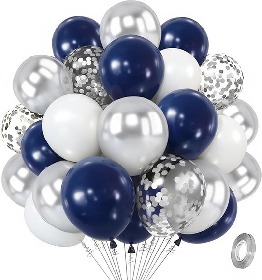 Zesliwy Navy Blue Silver Balloons Kit,50pcs 12inch Royal Dark Blue Metallic Silver White Balloon with Confetti Latex Balloon for Wedding Graduation 2026 Birthday Anniversary Party Decorations