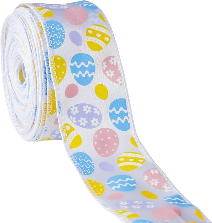 Meseey 2.5 Inch x 10 Yards Pastel Easter Egg Wired Ribbon, Colorful Easter Egg Pattern Wired Edge Ribbons for Easter Wreaths, Gift Wrapping, Easter Baskets, Crafts, Spring Party Decorations