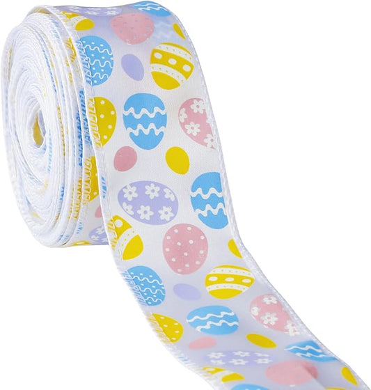 Meseey 2.5 Inch x 10 Yards Pastel Easter Egg Wired Ribbon, Colorful Easter Egg Pattern Wired Edge Ribbons for Easter Wreaths, Gift Wrapping, Easter Baskets, Crafts, Spring Party Decorations