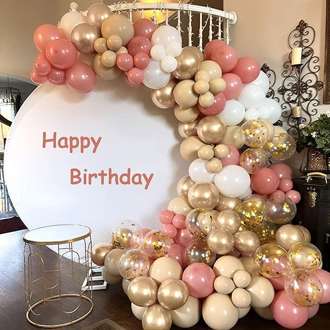 Retro Pink Balloons, 12 Inch Dusty Pink Metallic Gold White Balloons, Blush Beige Neutral Nude Chrome Champagne Gold Latex Balloon for Women Boho Birthday Wedding Baby Bridal Shower Party Mothers Day