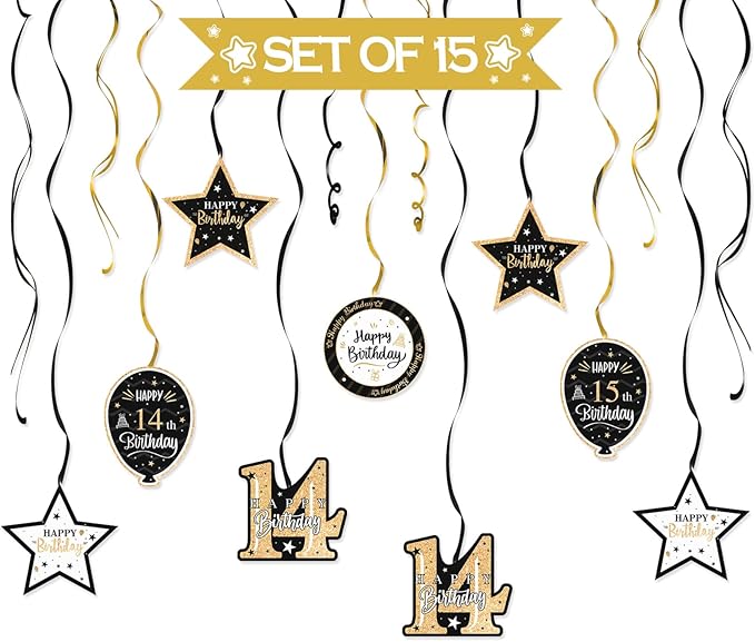 Happy 14th Birthday Black & Gold Glitter Swirls Streamers Party Decorations - 15 Pcs 14th Birthday Hanging Swirls Streamers Kit,Cheers to Fourteen Years Old Bday Party Sign.