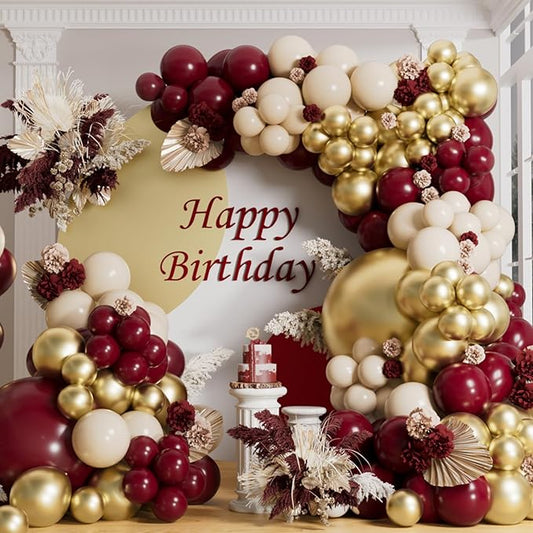 AULE Burgundy Balloon Arch Kit 155Pcs Burgundy Gold Sand White Maroon Balloons Garland for Birthday Wedding Graduation Anniversary Bridal Shower Theme Party Decoration