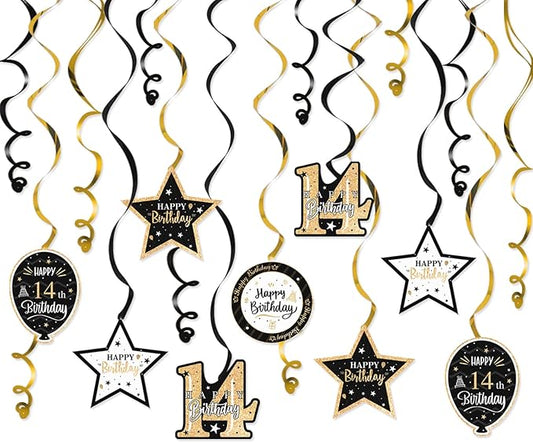 Happy 14th Birthday Black & Gold Glitter Swirls Streamers Party Decorations - 15 Pcs 14th Birthday Hanging Swirls Streamers Kit,Cheers to Fourteen Years Old Bday Party Sign.