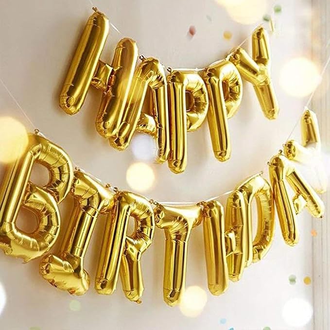 CANREVEL Happy Birthday Banner 13pcs 16 Inch Mylar Foil Letters Sign with 8pcs Star Balloons & LED Lights Birthday Party Decorations for Kids and Adults - 3D Gold