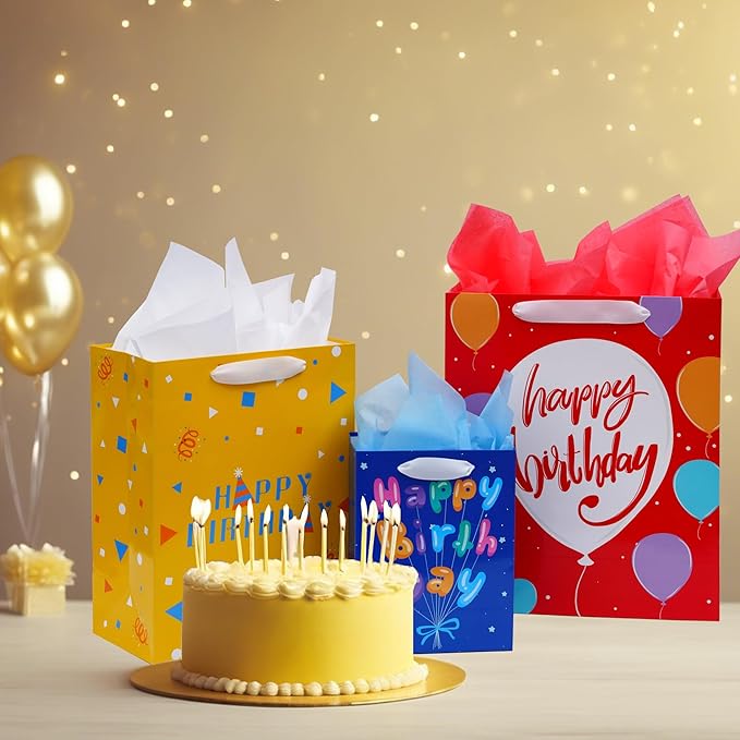 Nihuecne 8 Pack Birthday Gift Bags Assorted Sizes (2 Extra Large 15", 3 Large 13",3 Medium 9") with Ribbon Handle and Tissue Paper, Reusable and Perfect For Wrapping Present