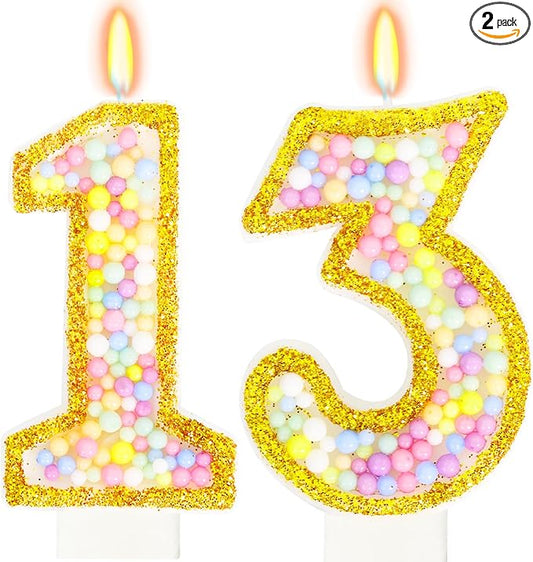 13th Birthday Candle for Cake, Colorful Macaron Numeral Candles for Boys/Girls, Birthday Party Cake Decorations, Golden Cake Topper for Birthday Party Supplies (Number 13)