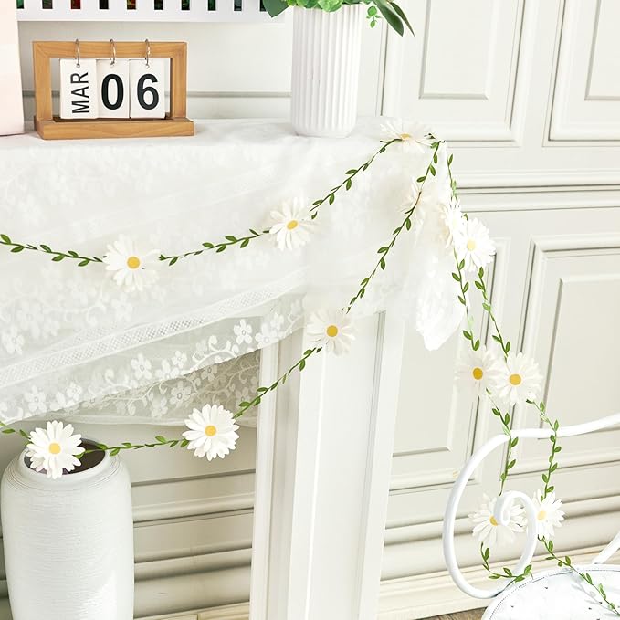 2PCS Daisy Flower Garlands, Daisy Banner Garland White Flower Hanging Garland Banner Groovy Hippie Boho Birthday Decorations for Nursery Wedding Decor