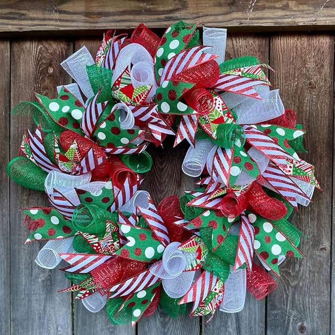 3 Rolls Red Green Stripe Deco Mesh Ribbon for Christmas Wreath Making Supplies, 10 Inch x 30FT Metallic Foil Deco Mesh Fabric for Christmas Tree New Year Winter Door Wreath Swags Decor