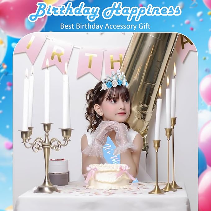 CUBACO 7th Birthday Crown Headband and Sash, 7 Year Old Girl Birthday Gifts for Blue Princess Crown, Frozen Party Decorations Favors for Girls Outfit