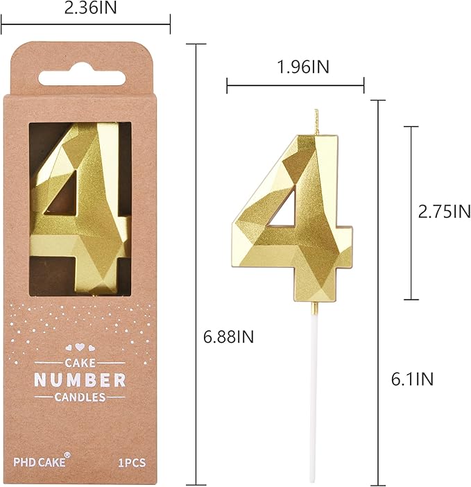 PHD CAKE 2.76 Inch Crystal Gold 4 Number Birthday Candles, Gold Number Candles, Cake Number Candles, Party Celebration