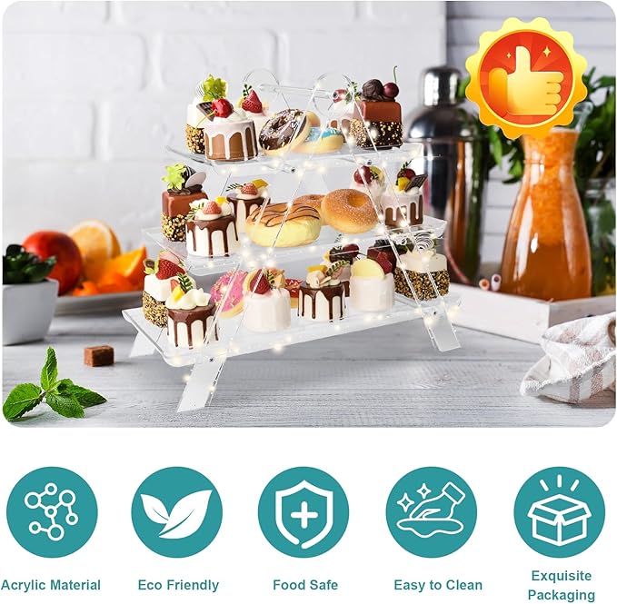 3 Tier Serving Tray, Cupcake Stand Party Serving Decorative Tray Decor with 2m Light String, Reusable Collapsible Tiered Serving Tray for Birthday Tea Wedding Party Baby Shower Christmas (Acrylic)