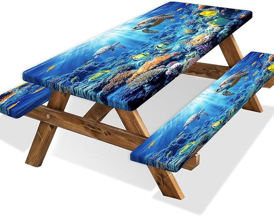 Picnic Table Cover with Bench Covers, Camping Essentials, Ocean Underwater World Table Cover, Fitted Camping Tablecloth Windproof Waterproof with Elastic Edge for Indoor Outdoor Patio 3PCS 30x96 Inch