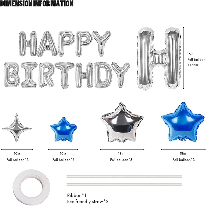 CANREVEL Happy Birthday Banner 13pcs 16 Inch Mylar Foil Letters with 12pcs Star Balloons Birthday Party Decorations for Kids and Adults - 3D Silver Blue
