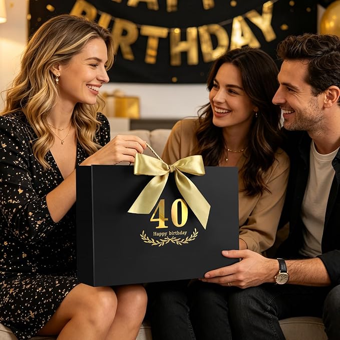 JMANNI Black Gold 40th Birthday Gift Bag with Card and Tissue Paper, 14.2"×9.84"×4.3" Large Present Bag for Adults, 40 Year Old Birthday Keepsake Party Supplies