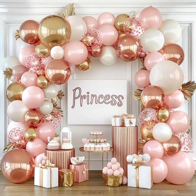 Rose Gold Pink Balloon Arch Kit, Double Stuffed Pearl White Rose Gold Metallic Light Pastel Pink Balloons Garland Kit for Birthday Bridal Shower Wedding Party Decorations