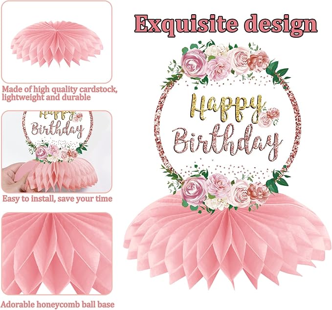 Aodocuto Pink Rose Gold Birthday Decorations Floral Honeycomb Centerpieces for Women Girls, 8pcs Floral Birthday Table Centerpiece Party Supplies, 16th 18th 21th 30th 40th 50th 60th Bday Table Topper