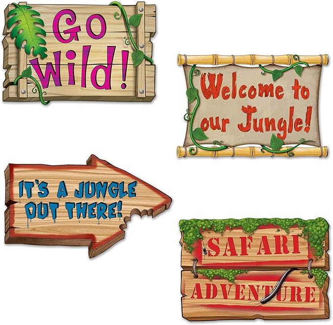 Jungle Sign Cutouts 8 Piece Wall Decorations Safari Party Supplies, Multi Color