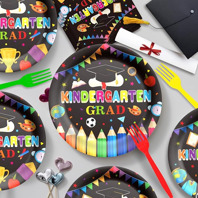 96 Pcs Kindergarten Graduation Paper Plates and Napkins Disposable Pre-K Grad Party Supplies Decorations Tableware for 2026 Preschool Kindergarten Graduation Party Supplies