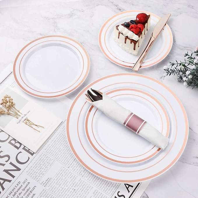 BESTVIP 175PCS Rose Gold Plastic Dinnerware Set, Disposable Party Plates for 25 Guests, Include: 50 Plastic Plates, 25 Pre Rolled Napkins with Rose Gold Silverware, 25 Cups for Christmas, Halloween