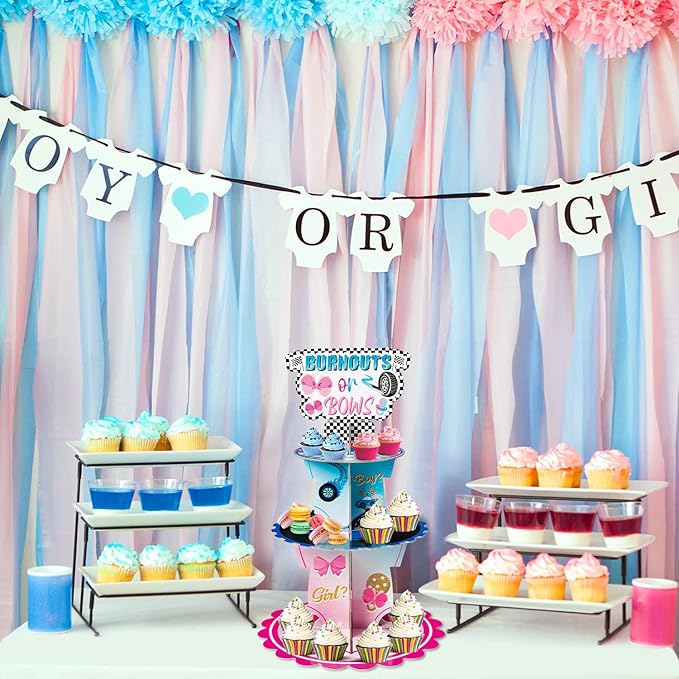 Haooryx Burnout or Bow Gender Reveal Cupcake Stand - 3-Tier Pink Blue Racing Bow Cupcake Tower Cardboard Dessert Holder for Boy or Girl Baby Shower He or She Gender Reveal Party Table Decoration