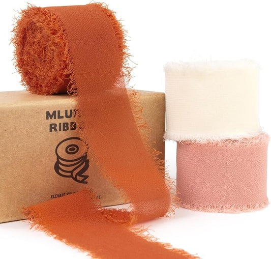 Terracotta Chiffon Ribbon 1 Inch x 21Yds Handmade Fringe Chiffon Silk Ribbon Dusty Pink/Cream Frayed Chiffon Ribbon for Thanksgiving Wedding Invitation Flower Bouquets Bridal Shower Gift Wrapping