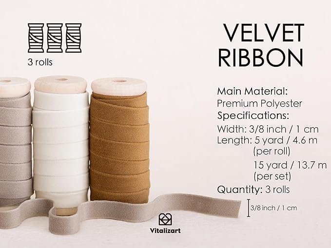 Vitalizart Velvet Ribbon Nude Ivory Set 3/8" x 15 Yd Wooden Spool Fabric Trim 3 Rolls * 5 Yd for Christmas Wreath Decoration Handmade Craft Ornaments Gift Wrapping & Bow Making