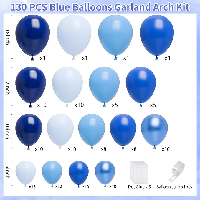 Blue Balloons Garland Arch Kit,130pcs Different Sizes Royal Blue Balloon Navy Blue Balloon Light Blue Balloons for Baby Shower Birthday Graduations Anniversary Party Decorations