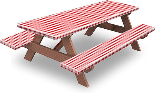 8ft Picnic Table and Bench Cover, Camping Essentials RV Gear, 96 in Waterproof Windproof Outdoor Elastic All Around Tablecloth, Fitted Rectangle Tables and Seats, Red-White Checkered