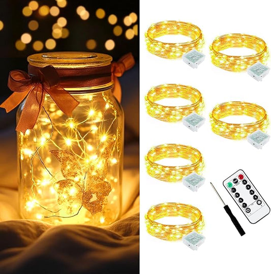 AIKEI 6 Pack LED Fairy Lights with Timer Battery Operated, Mini String Lights with Remote Waterproof 7ft 20 Led Firefly Starry Lighting for Wedding Party Bedroom Garden Christmas Decoration Warm White