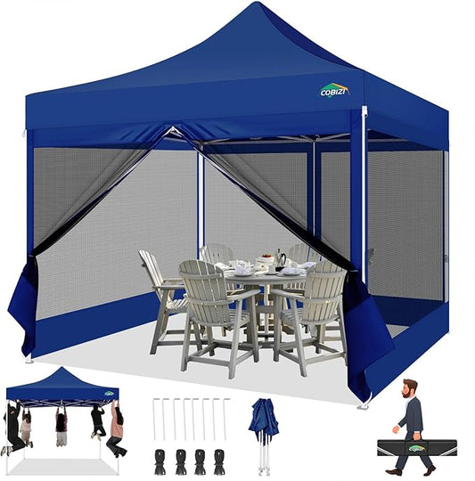 COBIZI 10x10 Canopy Tent with 4 Sidewalls,Heavy Duty Pop up Canopy with Mosquito Netting,Easy up Screen Tent for Parties Wedding Outdoor Camping with Handbag,Deep Blue
