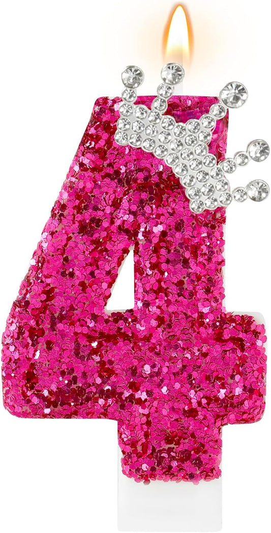 AKURIEEY Hot Pink Birthday Candles Crown Number 4 Candle Birthday Party Decorations Cake Topper Cupcake Decor for Anniversary Celebrations Supplies