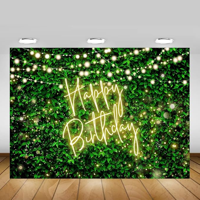 Mocsicka Green Leaves Happy Birthday Backdrop Jungle Safari Party Backdrops Birthday Decorations Nature Green Rustic Lawn Leaves Photography Background Photo Studio Props (Yellow, 8x6ft(96x72 inch))