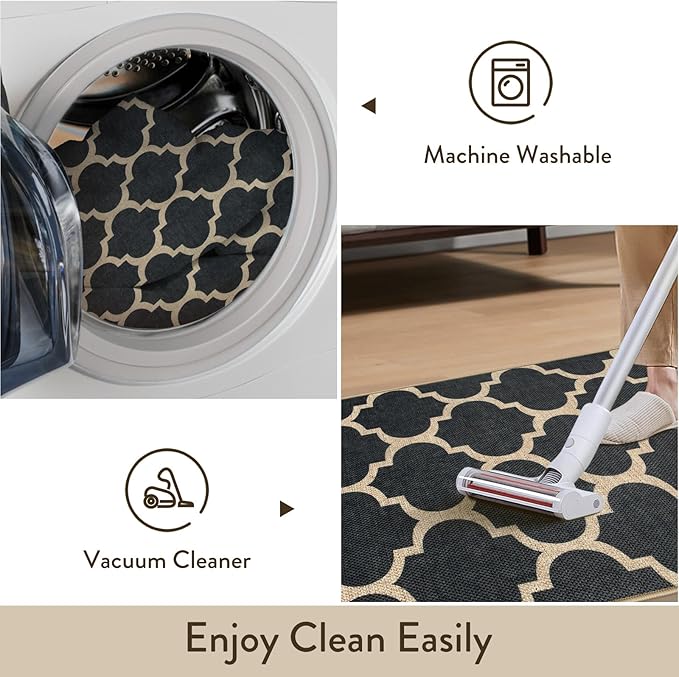 Lahome Moroccan Easy Jute Runner Rug, Black Outdoor Washable Runner Rugs for Outdoor Porch Hallway, Geometric Trellis Woven Long Carpet for Doorway, Thin Non Slip Outdoor Decor, 2'6'' x 8'