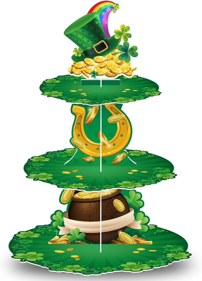 3 Tier St. Patrick's Day Cupcake Stand Shamrock Cardboard Display Stand Green Irish Cupcake Holder for St. Patrick's Day Party Decorations