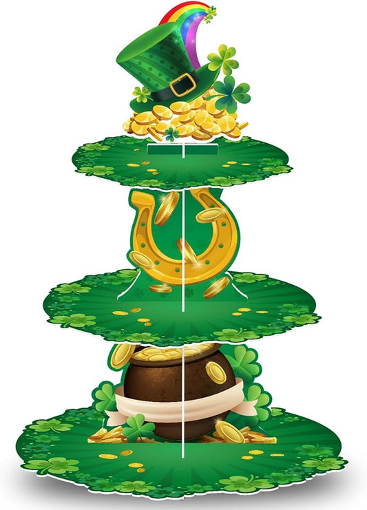 3 Tier St. Patrick's Day Cupcake Stand Shamrock Cardboard Display Stand Green Irish Cupcake Holder for St. Patrick's Day Party Decorations