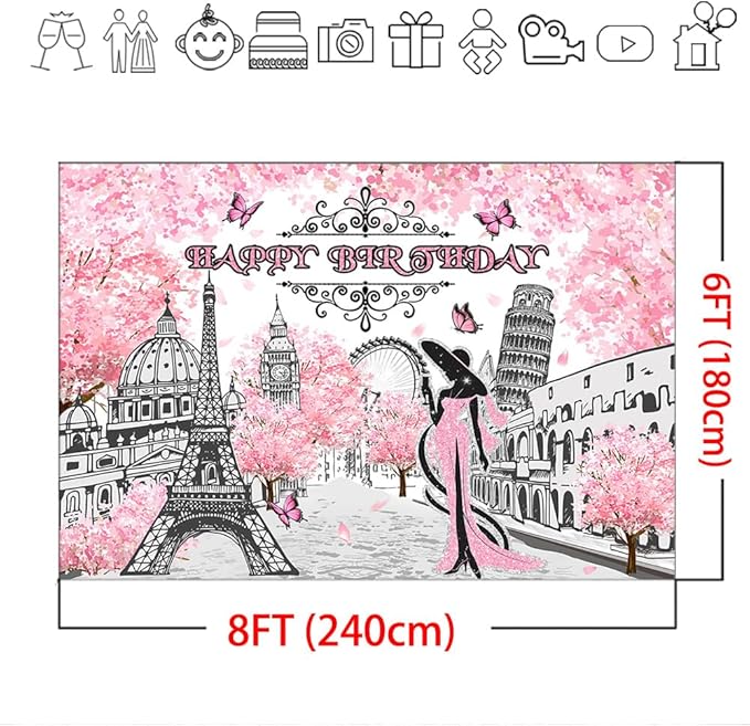Mocsicka Paris Birthday Backdrop - Pink Floral Paris Themed Party Decorations - European City Landscape - 8x6ft