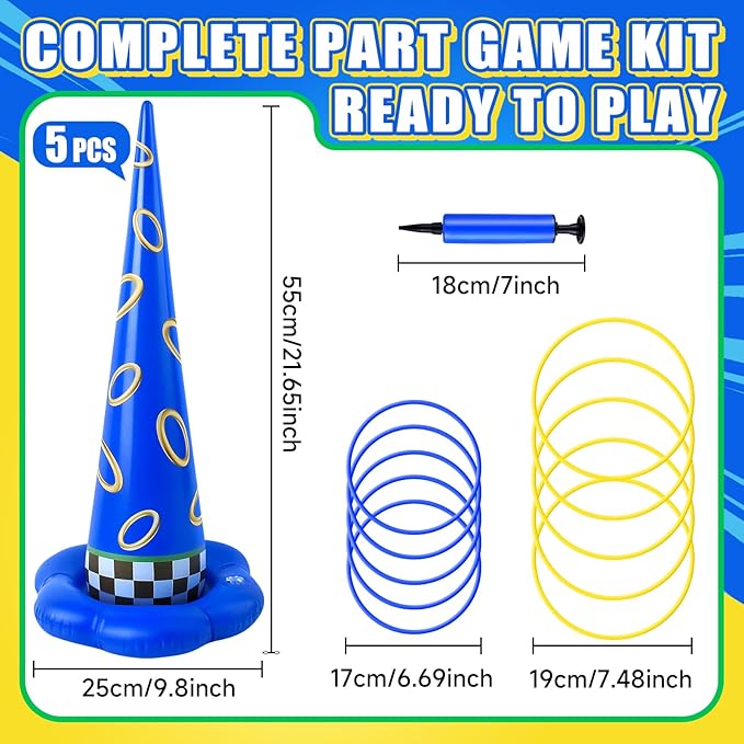 5 Pack Inflatable Ring Toss Game - Blue with Gold Ring Birthday Party Games with 10 Plastic Rings & Pump, Indoor Outdoor Carnival Toss Toy for Kids Party Favors