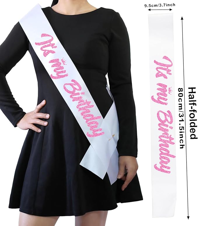 It's My Birthday Sash White with Glitter Pink Letters Happy Birthday Sash for Women Girl Bday Gift Ideas Party Favors