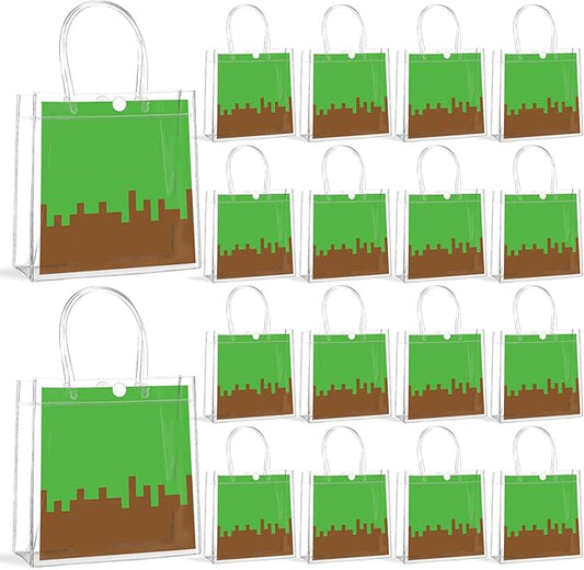 24Pcs Pixel Clear PVC Gift Bags with Handles Video Game Party Favor Bags Pixel Reusable Gift Wrap Tote Bag Gamer Goodie Treat Bag for Pixelated Birthday Baby Shower Party Supplies 8x8x3 Inch
