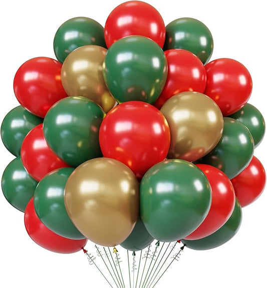 Christmas Latex Balloons, 50pcs 12 Inches Red Green Gold Balloons with 1 Ribbon for Christmas, Birthday Party Decorations