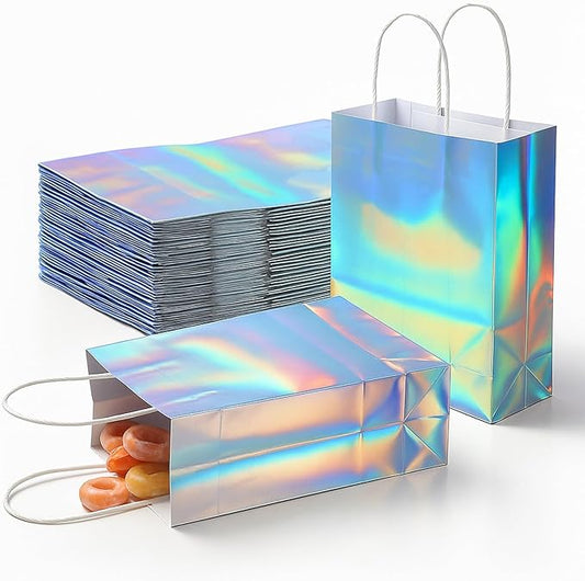 LIQWEI 36PCS Iridescent Gift Bags with Handles, Holographic Party Favor Bag Reusable Glitter Foil Paper Candy Goodie Bag Gift Handbag for Disco Wedding Graduation Birthday Party (8.6x6.3x3.2 Inch)