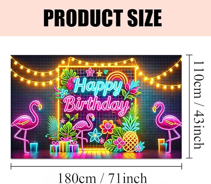 71x43 Inch Birthday Party Banner with Neon Happy Birthday Flamingos Tropical Flowers Pineapple Indoor Outdoor Wall Door Porch Decoration Backdrop Photo Prop