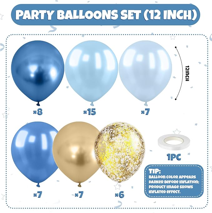 Blue and Gold Balloon, 50 Packs 12 Inch Metallic Blue Pearl Double Stuffed Blue Balloons with Gold Confetti Ballons for Birthday Party Decorations Wedding Bridal Shower Baby Shower Graduate