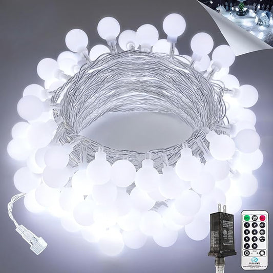 100LED Connectable String Lights Indoor Outdoor for Bedroom, 43ft White Globe Lights Plug in with Remote & Timer, 8 Lighting Modes Waterproof Fairy Light for Room Classroom Wedding Christmas Decor