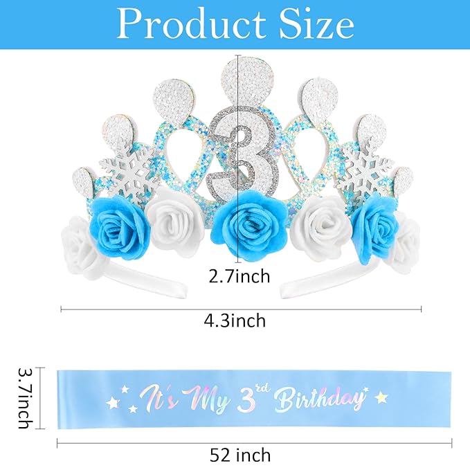 CUBACO 3rd Birthday Crown Headband and Sash, 3 Year Old Girl Birthday Gift for Blue Princess Crown, Frozen Party Decorations Favors for Girls Outfit