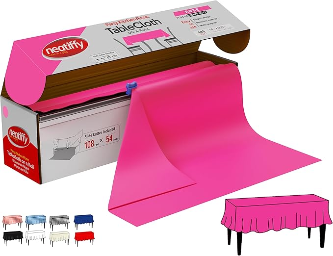 Neatiffy Disposable Plastic Table Cloth Roll | 54 in x 108 Ft Waterproof Tablecloth | Table Cover for Rectangle, Square, Round Oval Tables | Picnic, Party, Banquet, Birthdays, Weddings - Pink