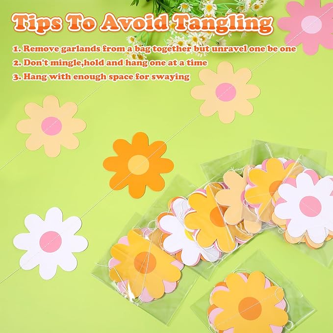 Pasimy 8 Pcs Daisy Boho Party Decorations Groovy Daisy Paper Garlands White Flower Hanging Garland Banner Hippie Flower Cutouts for Birthday Shower Wedding Party Favor Supplies(Groovy,Multicolor)