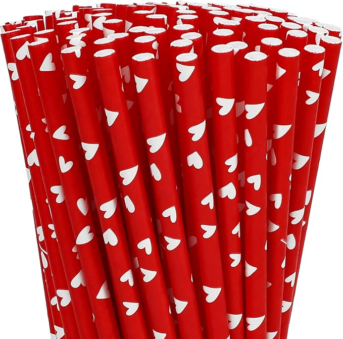Whaline 200Pcs Valentine's Day Paper Straws Disposable Straws Romantic Red White Heart Drinking Straw for Valentines Party Wedding Anniversary Supplies